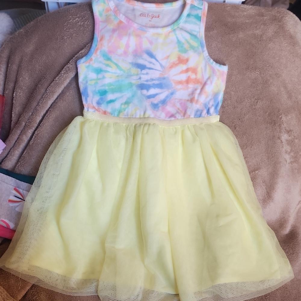 Sz 4T Cat & Jack Pastel Tie-Dye Tank Dress with Yellow Tulle Skirt